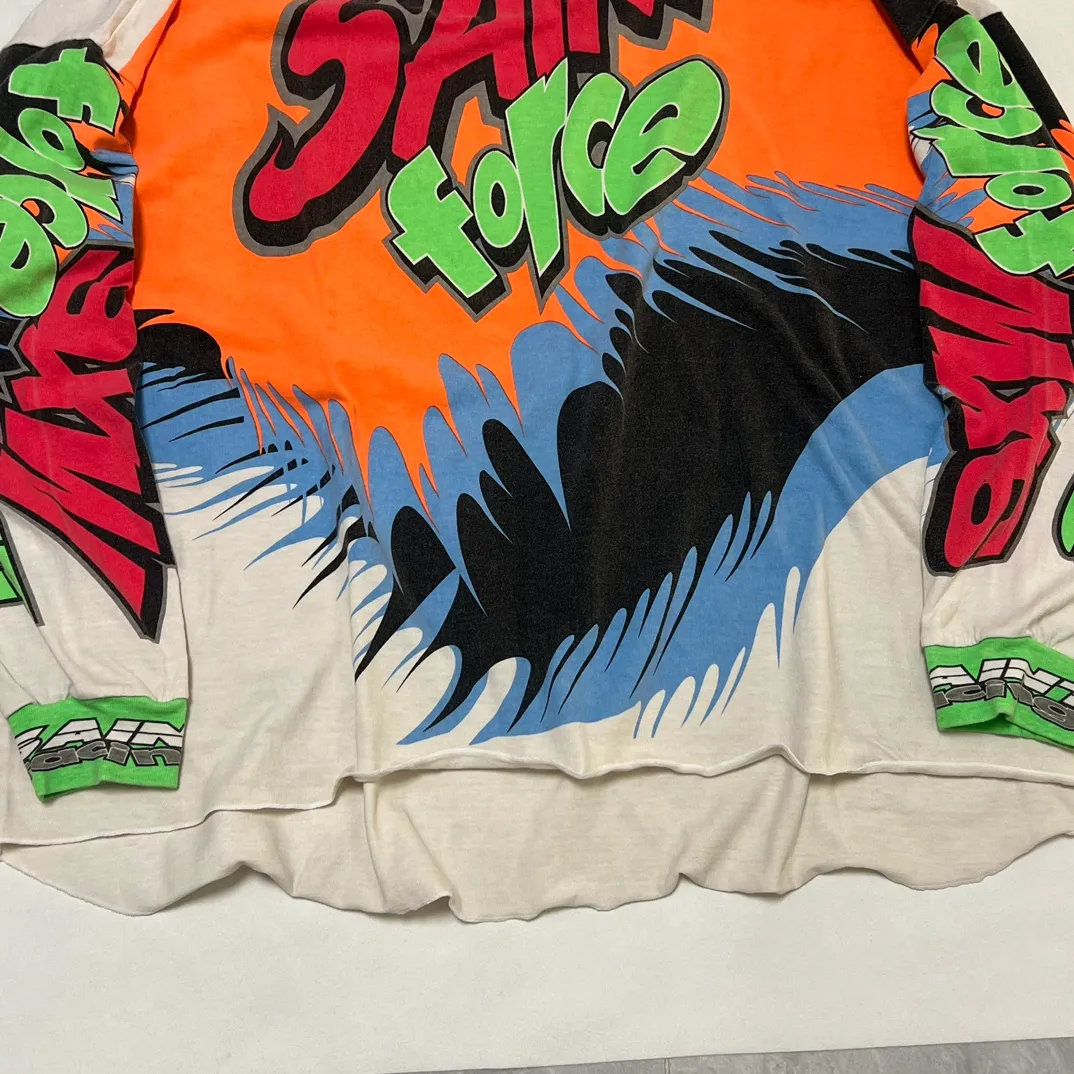SAINT MICHAEL 24SS SAINT FORCE L/S TEE New Racing Retro Long Sleeve Off-white S-XL Front, left and right sleeves, even ribs are printed. There are more than 30 sets of samples in total. They are extremely complicated and all are oversized screen versions. Ready-made garments are washed and worn with Vintage value.